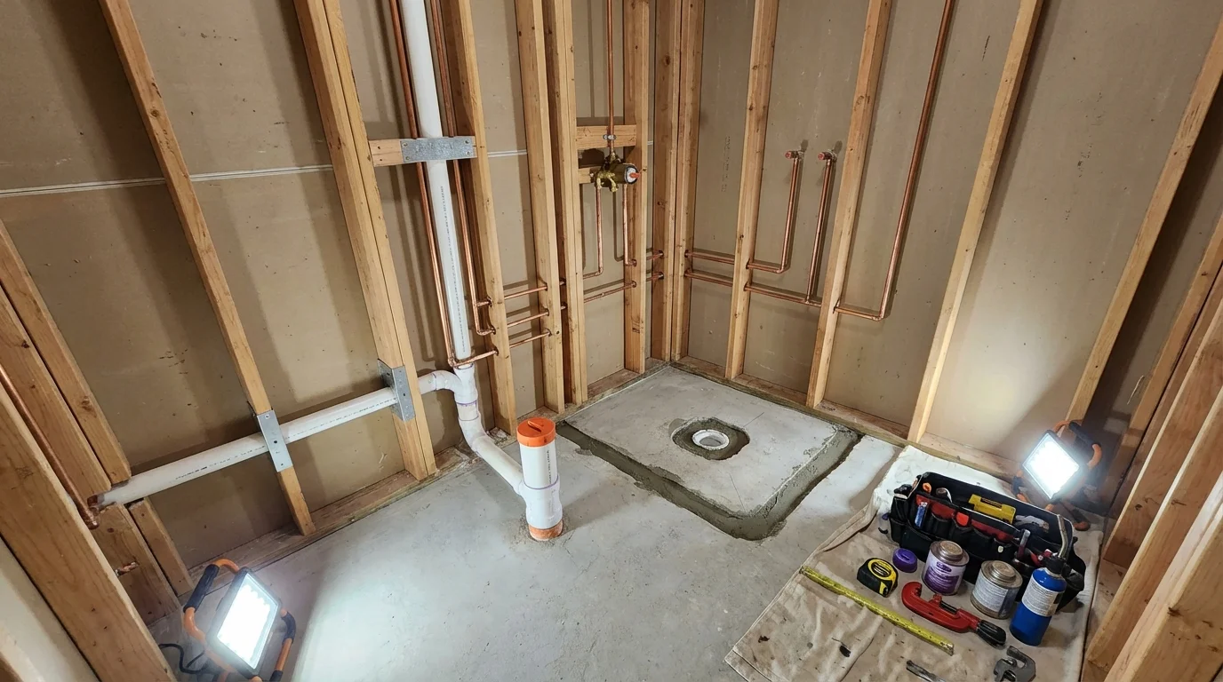 Bathroom rough-in plumbing during remodel by Johns Plumbing LLC in Comfort