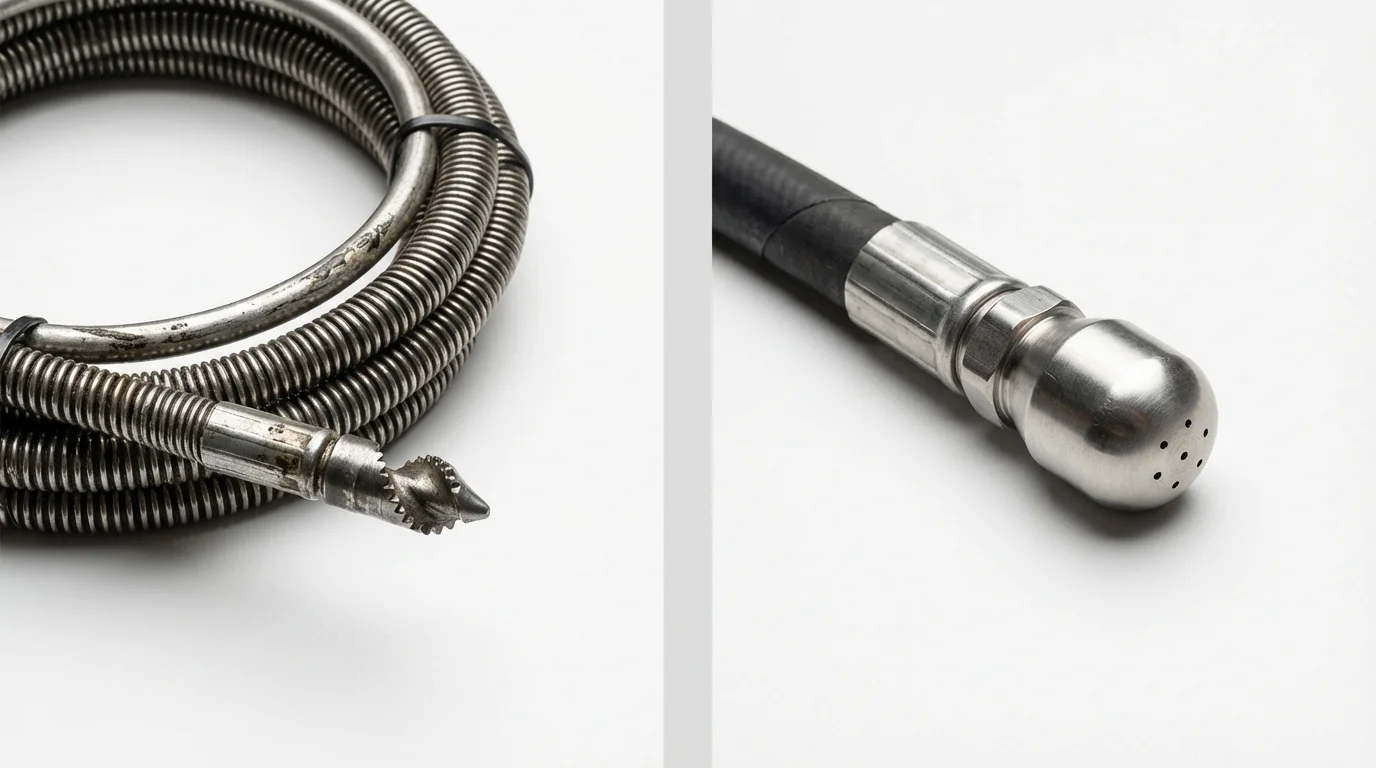 Drain snake cable and hydro jetting nozzle used for drain cleaning in Comfort, TX