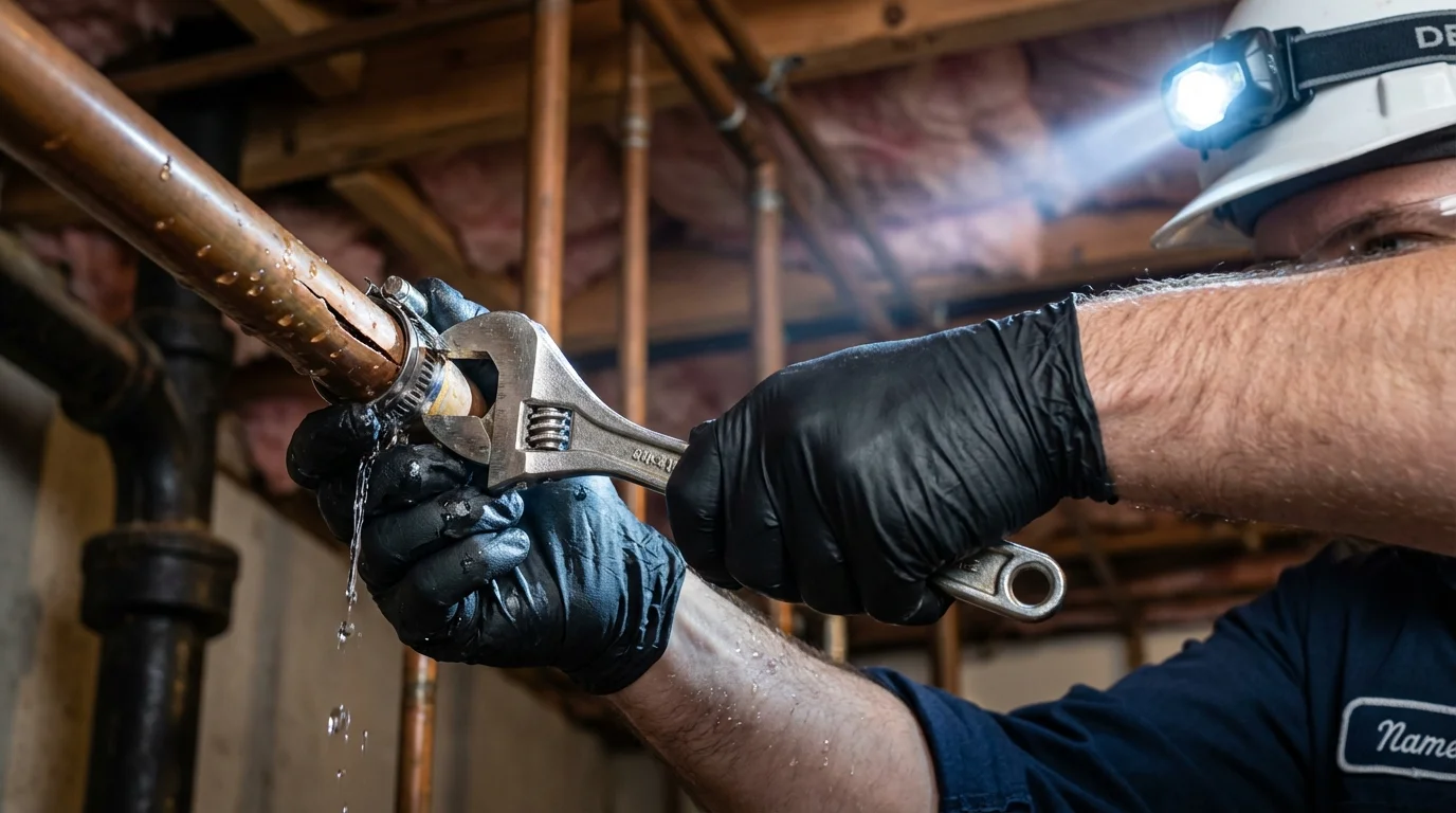 Emergency pipe clamp repair being performed by a Johns Plumbing LLC plumber in Comfort