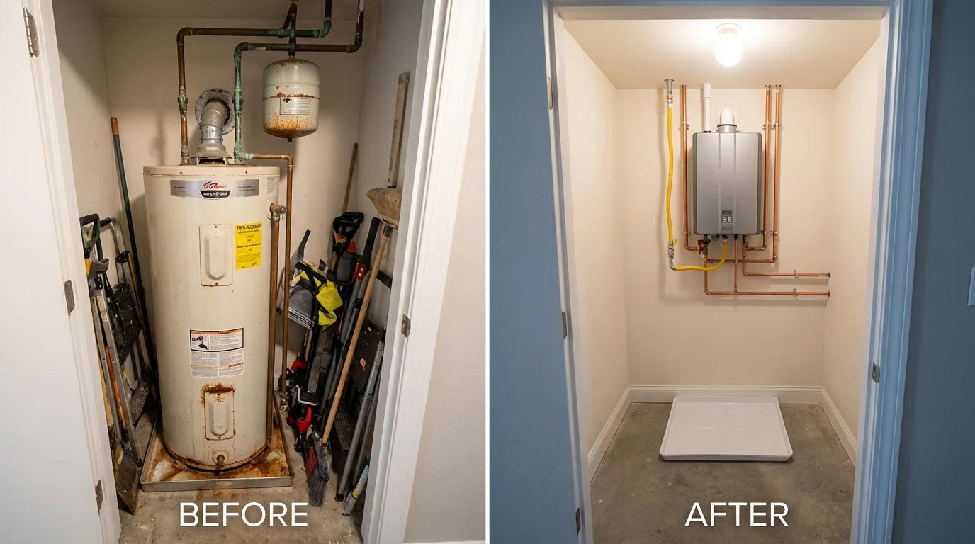 Tank water heater versus wall-mounted tankless unit comparison for Comfort, TX homeowners