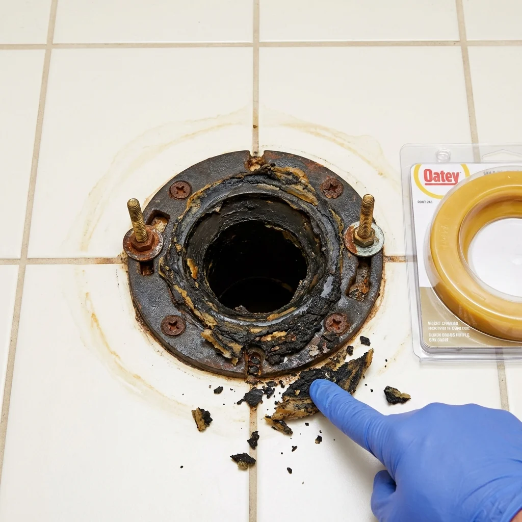 Failed wax ring showing water seepage at the base of a toilet in a Comfort, TX home