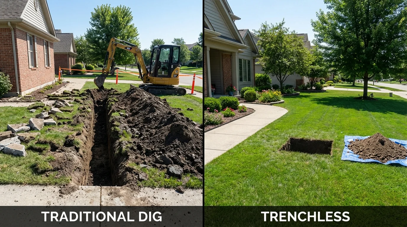 Trenchless sewer repair with minimal yard damage versus traditional excavation in Comfort, TX