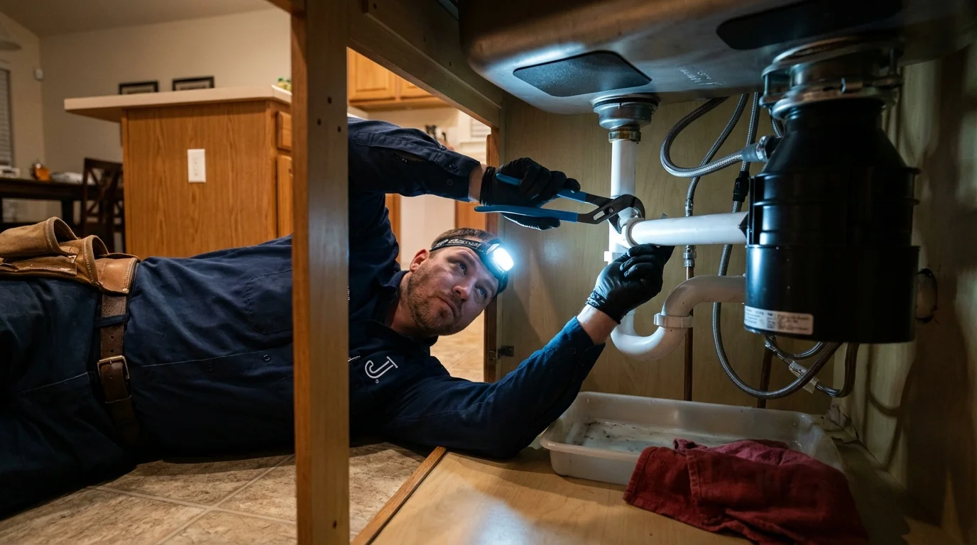 P-trap and supply line connections under a kitchen sink showing a common leak point in Comfort, TX
